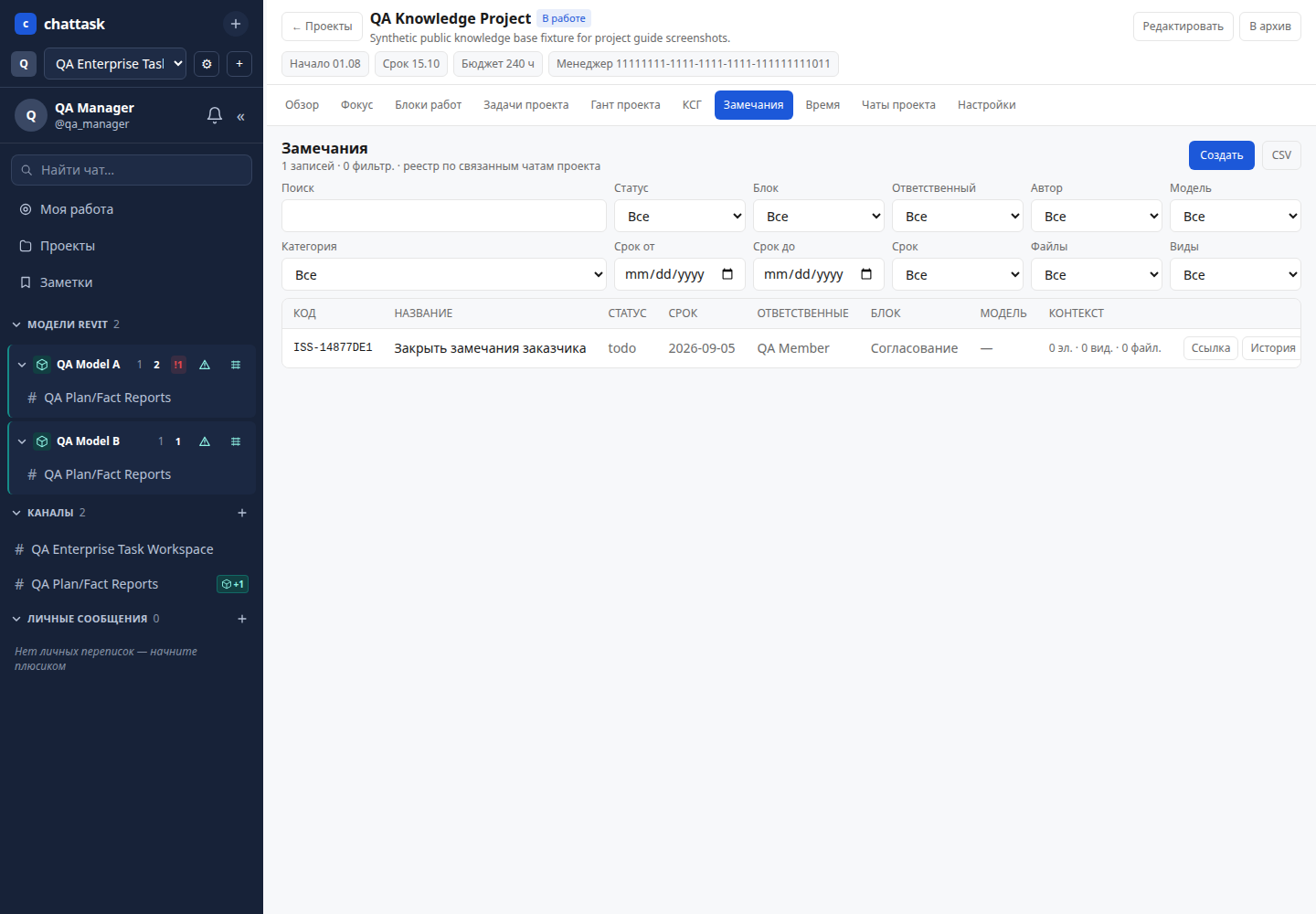 Реестр замечаний проекта ChatTask с фильтрами и статусами