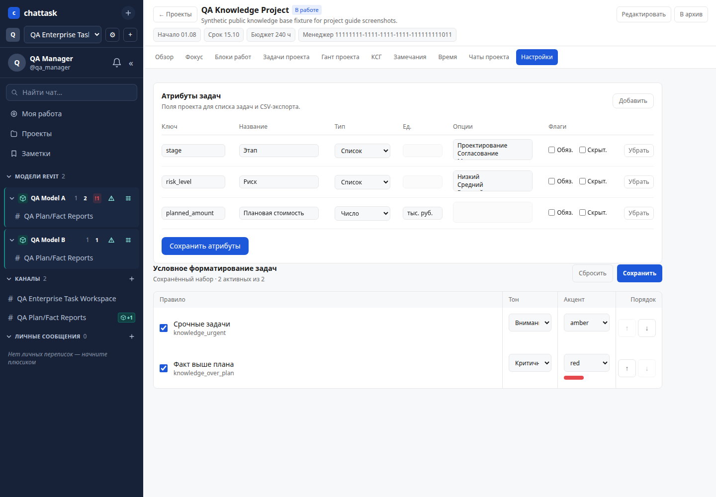 Пользовательские атрибуты и условное форматирование задач в ChatTask